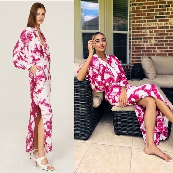 S/W/F Tie Dye Crepe Kimono Sleeve Draped V-Neck Fitted Waist Kaftan Maxi Dress S - Picture 2 of 8